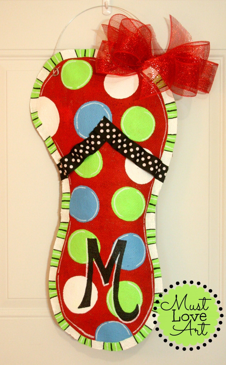 Flip Flop Burlap Door Hanger Decoration HUGE 2 ft  - Spring Summer Polka Dots Mother's Day