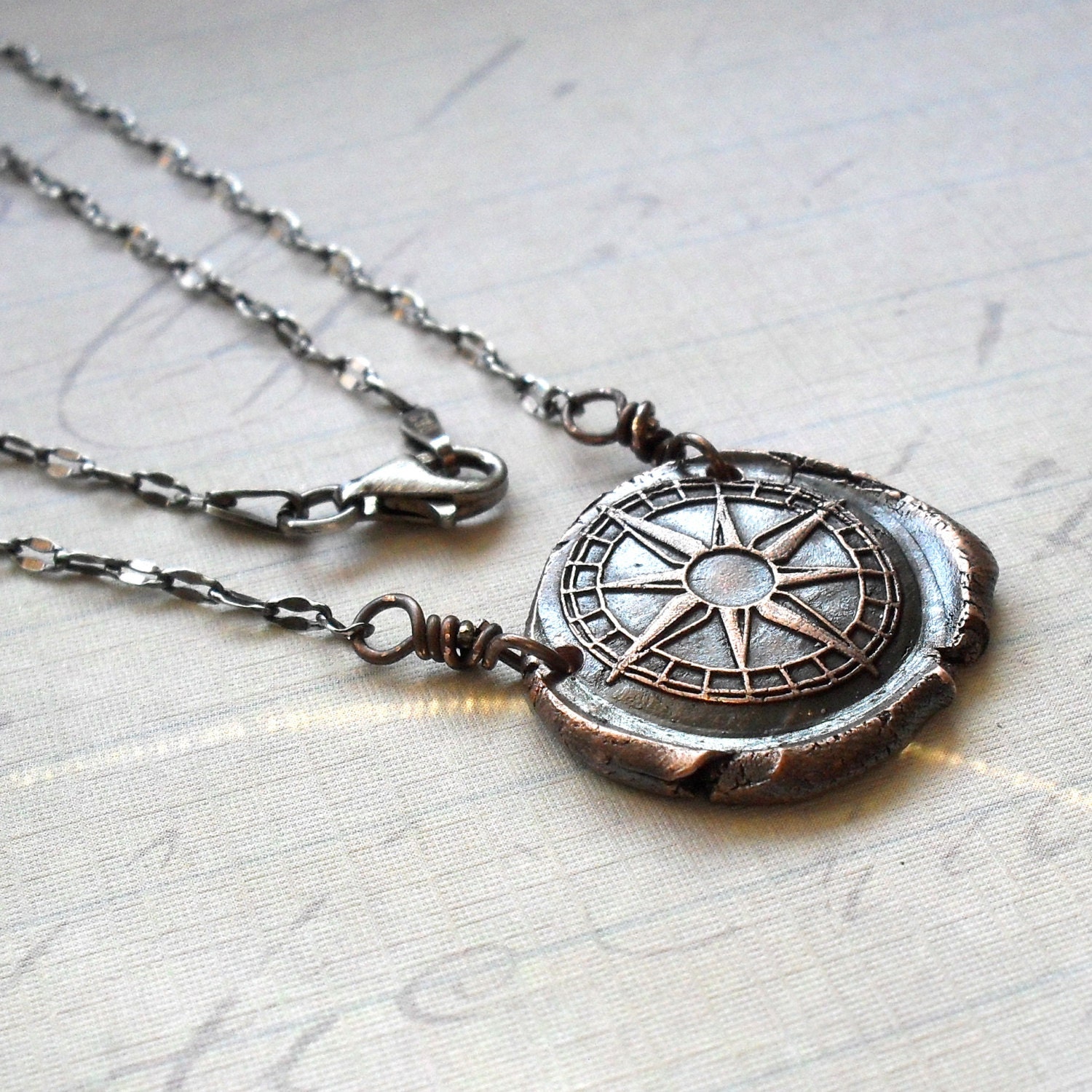 Copper Compass and Paisley Two Sided Necklace on Sterling Silver Chain - Ready to Ship - One of a Kind