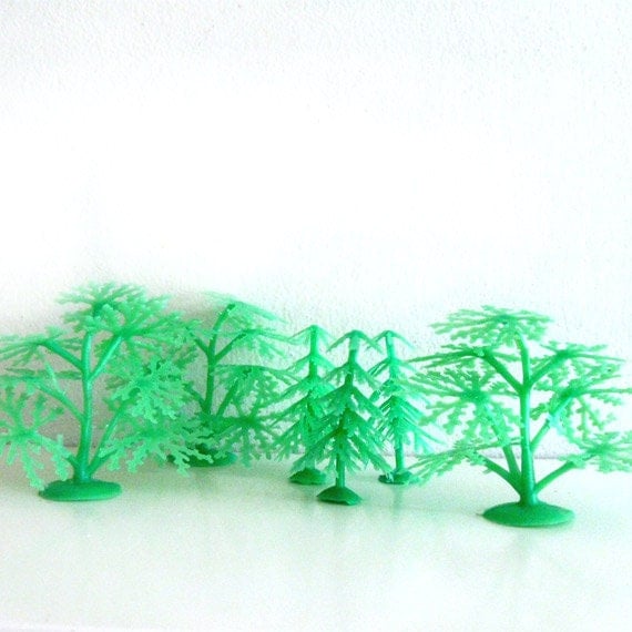 6 Vintage Green Tree Miniature Figurines Plastic Toy by ModandMint