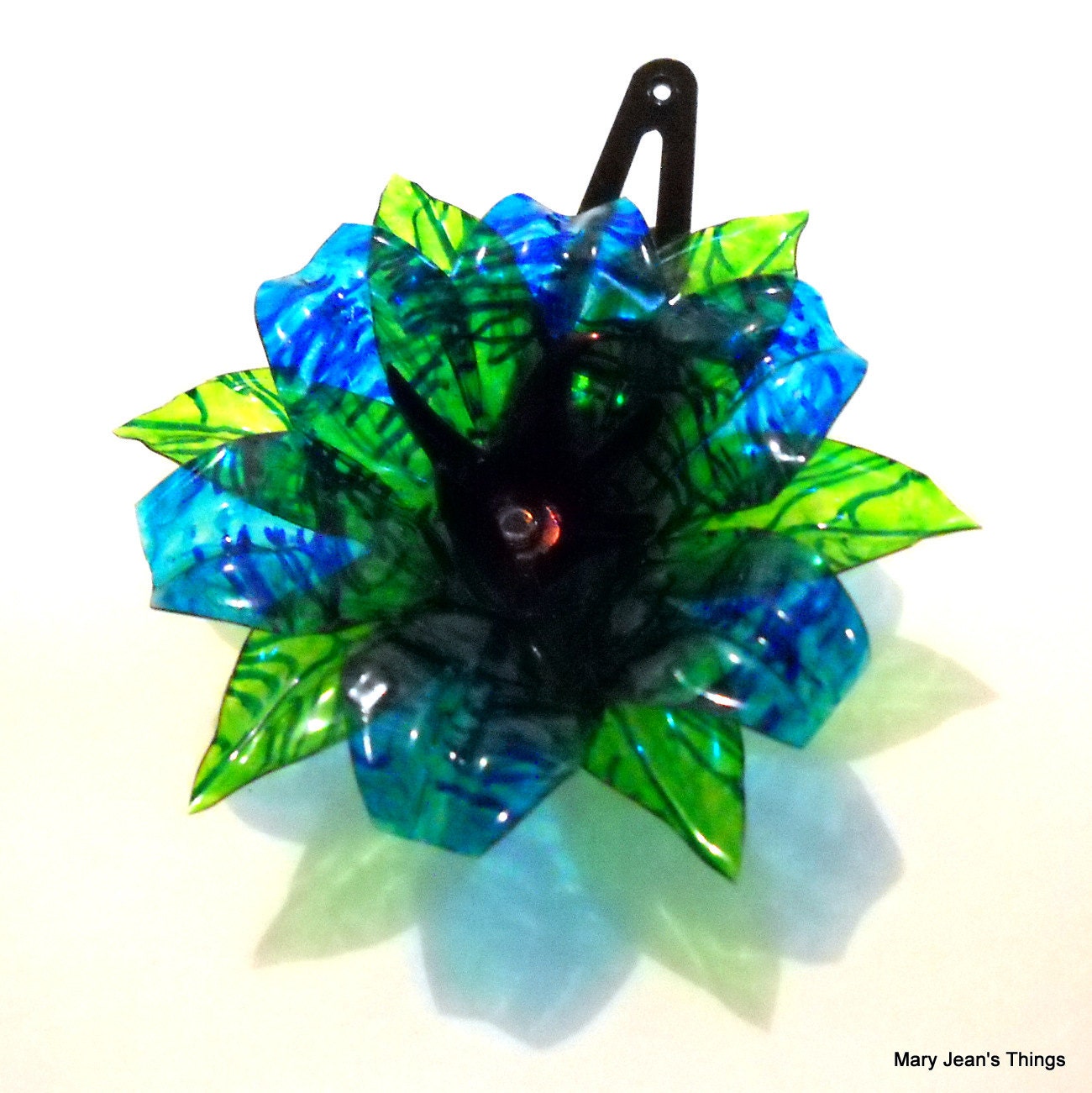 Upcycled Blue Fantasy Flower HAIR CLIP made of Plastic Water Bottles OOAK