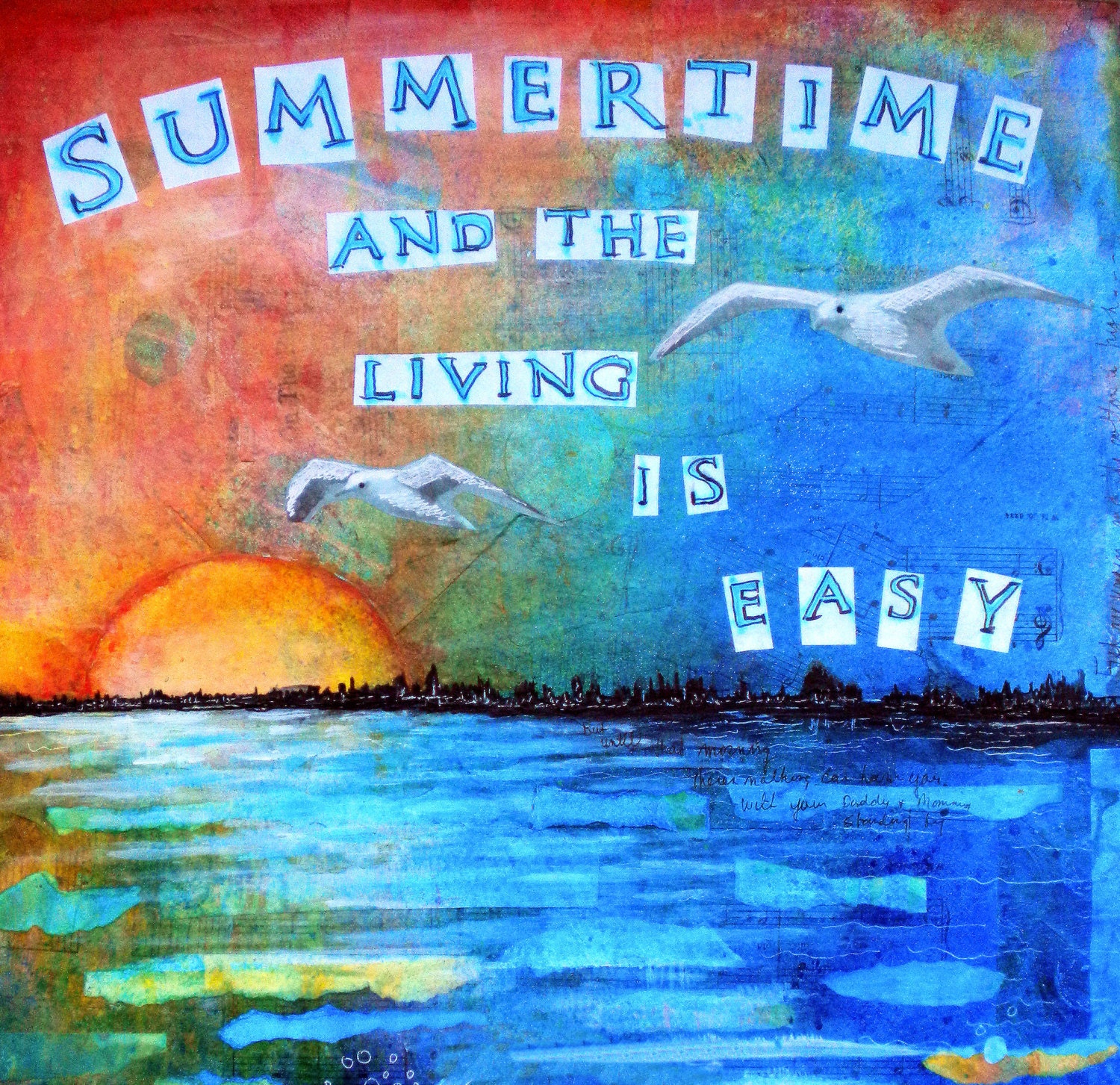 Summertime 5 x 5 inch handmade notecard sunset art print flowers art print ocean art print waves art print ocean painting