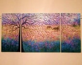 Sale- Large Original oil  Painting modern contemporary impasto Cherry trees and Horses -tryptict  48' by Vadal