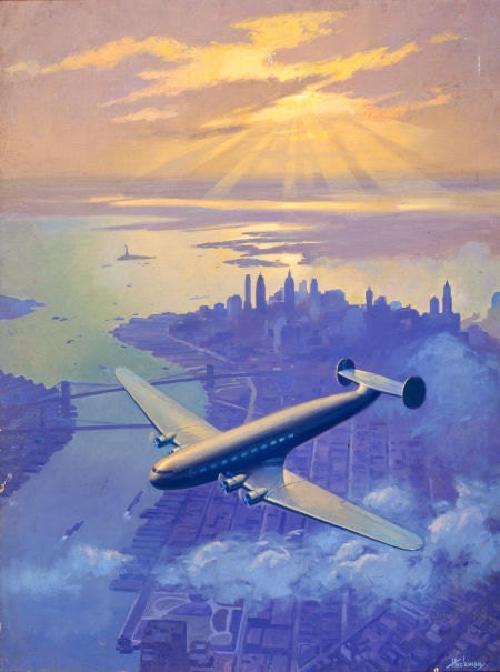 SALE Large 20x24 Sunset Over Manhattan NEW YORK Constellation Connie Art Deco Airplane Travel Vintage American Twa Pan Am United Airlines