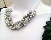 Set of 2 - Silver Pearl and Rhinestone Beaded Necklace, Bridal Jewelry, Cluster Necklace, Chunky Necklace, Bridesmaid Gift