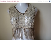 SUMMER SALE Cropped Crochet top,  with fringes, see through,  bamboo yarn ecofriendly, 70s fashion, Off white