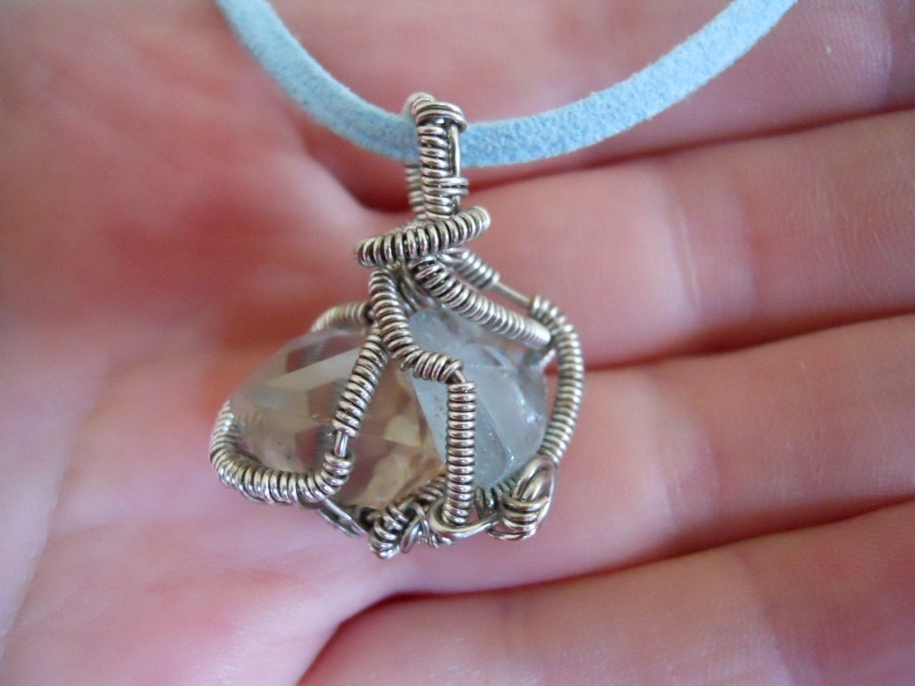 Clear Tibetan Quartz Point and Tumbled Blue Topaz Stone Wire Wrapped in Titanium Parawire