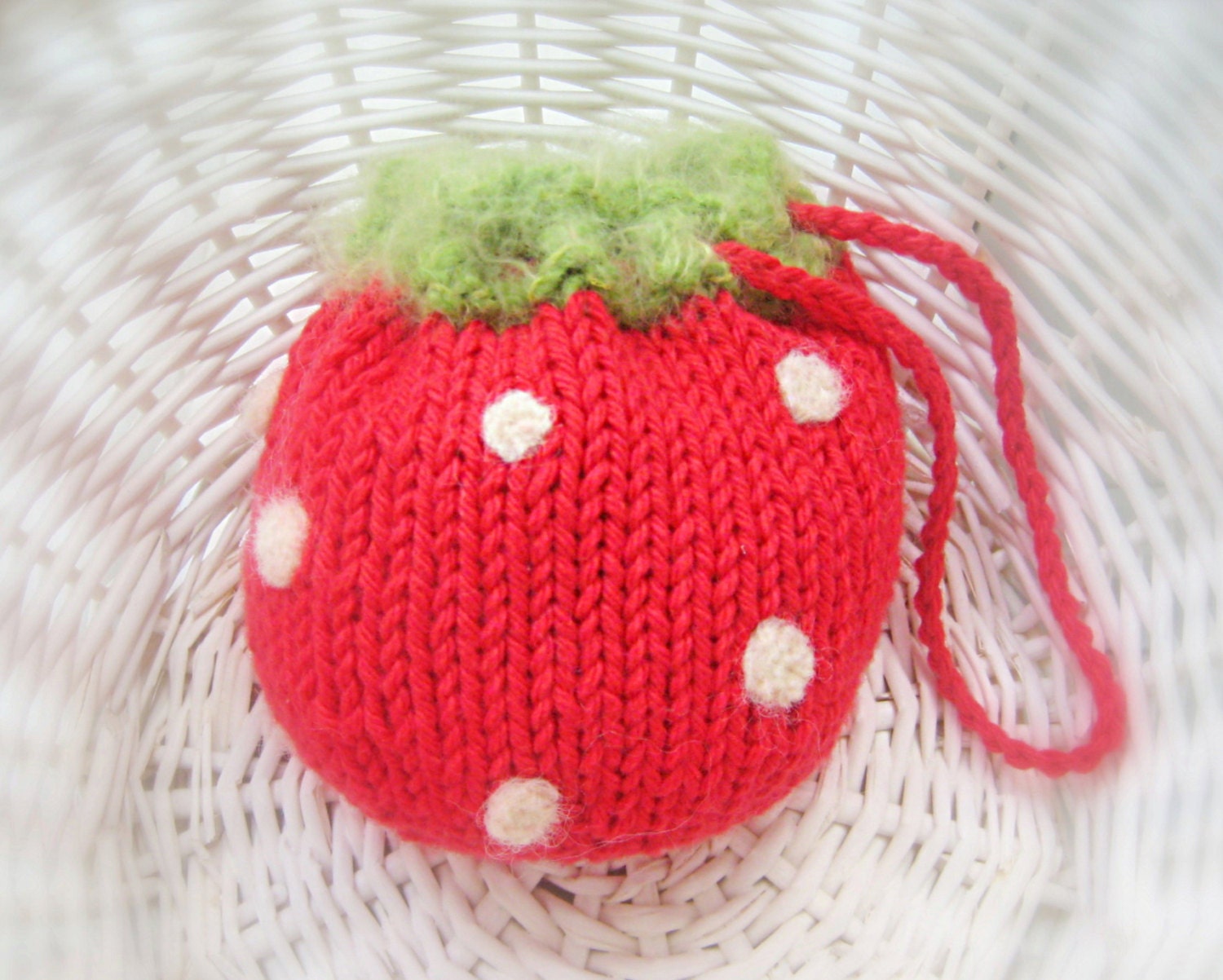 Strawberry Purse Pouch - Fruit Cozy - Knit Needle Felted embellishments - Red Green Cream