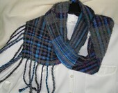 Handwoven handspun wool mobius scarf, blue, grey