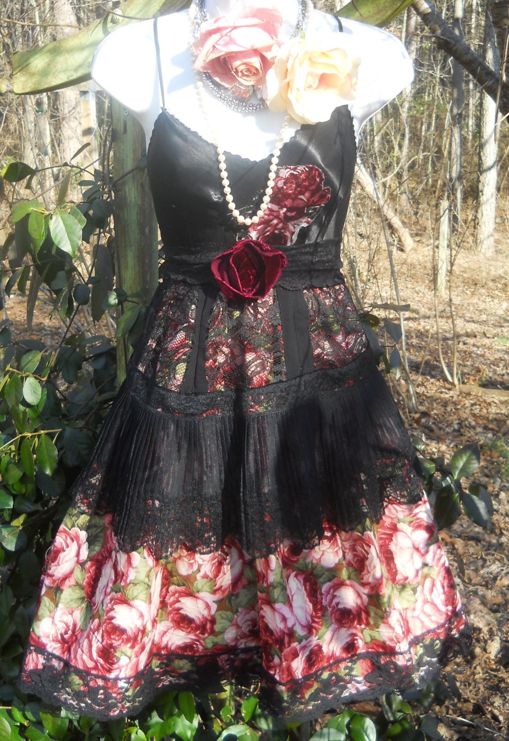 Black roses dress lace silk  goth tiered  boho  rose romantic medium  by vintage opulence on Etsy