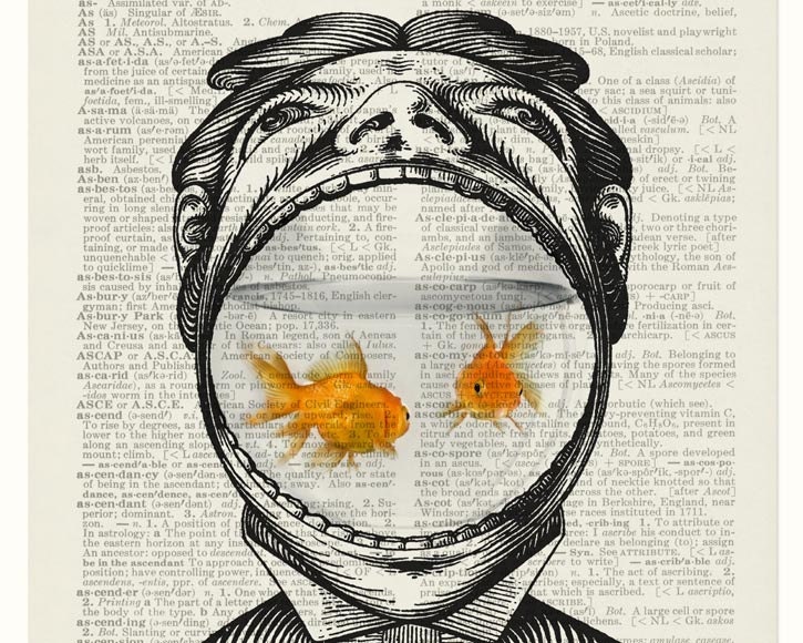 man and his goldfish - printed on vintage book page