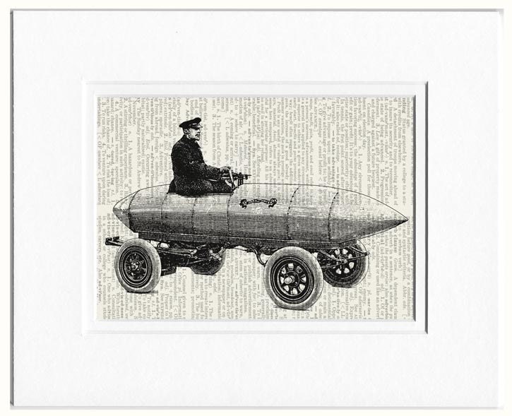 futuristic vehicle - antique artwork printed on old dictionary page