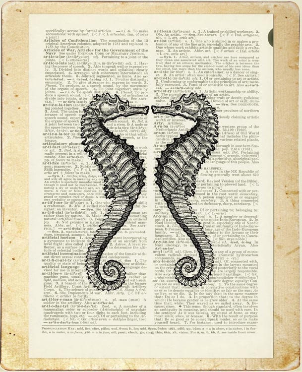 Vintage sea horses printed on page from old dictionary