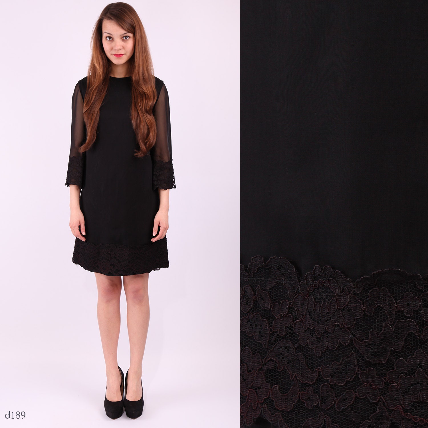 60s Little Black Dress / Black Lace and Chiffon Cocktail Dress / S to M