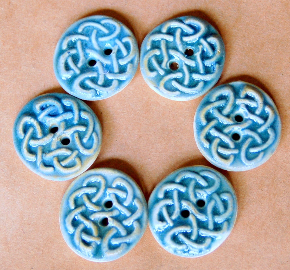 6 Handmade Ceramic Buttons - Celtic Knot in Sky Blue Stoneware