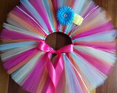 Spring Fling Tutu/Headband Set Light Blue, Orange, Hot Pink, Yellow Double Layer Princess Fairy Party Skirt Photo Prop Satin Ribbon