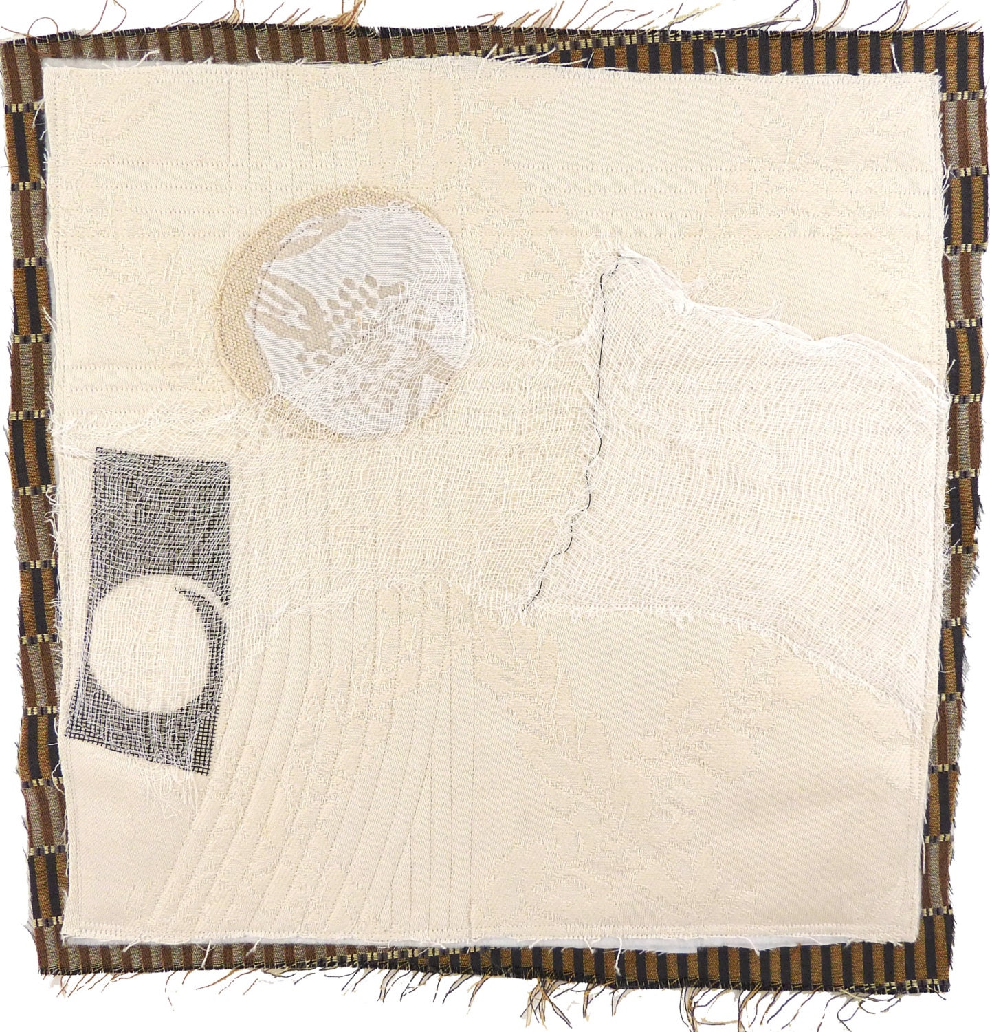 4.30.2013, quilted drawing, small art quilt, abstract, haiku, cream, white, black, brown, moon