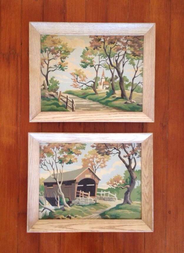 Set of 2 Vintage Paint by Number Paintings - Covered Bridge & Church Trails