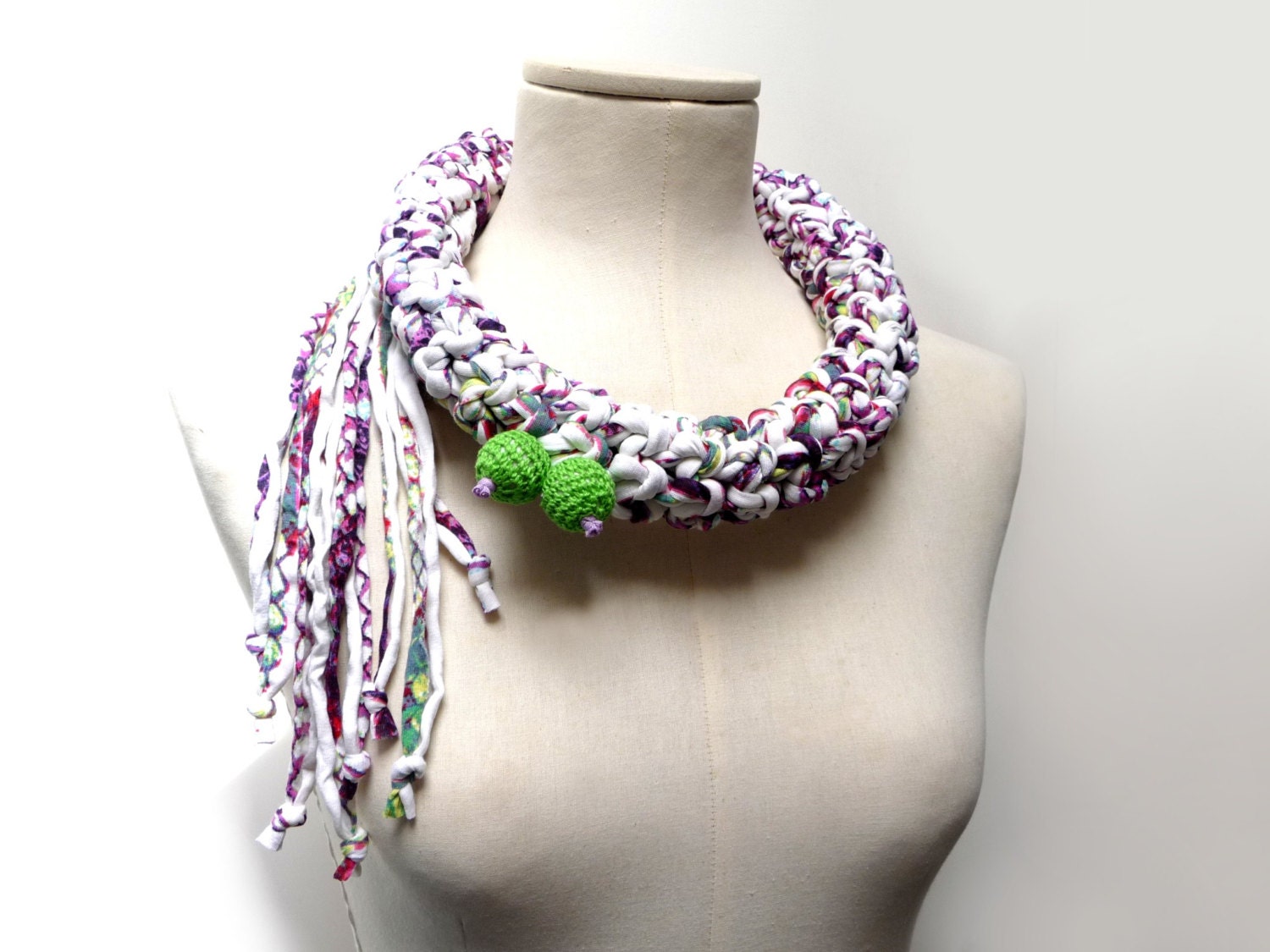 Crochet Statement Necklace - White Purple Lime Green Upcycled Jersey Yarn - Jersey Scarf Cowl - Crochet Jewelry - Textile Necklace
