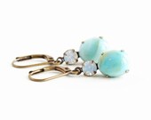 Aqua Earrings, Vintage Oval Stone and Swarovski Crystal Earrings, Drop Earrings