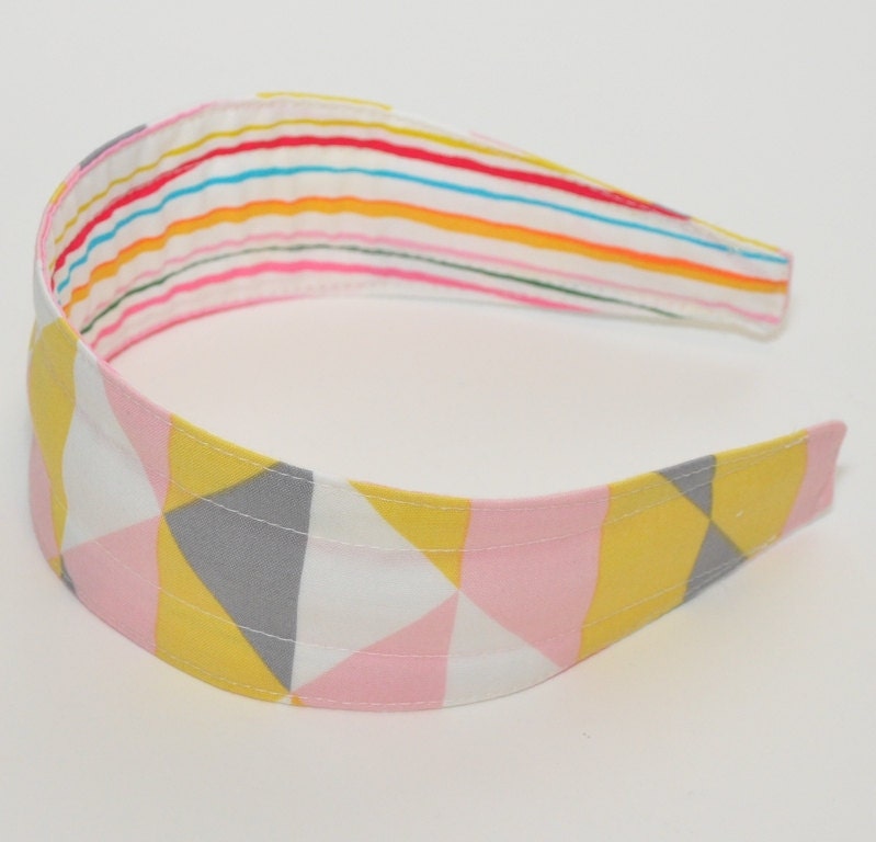 REVERSIBLE Pink, Grey, Yellow Triangles Comfort Fit Fabric Headband