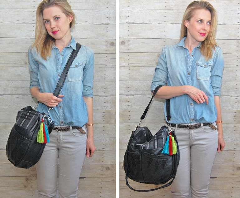 TUNDRA /// black leather bag with black and grey navajo southwestern fabric