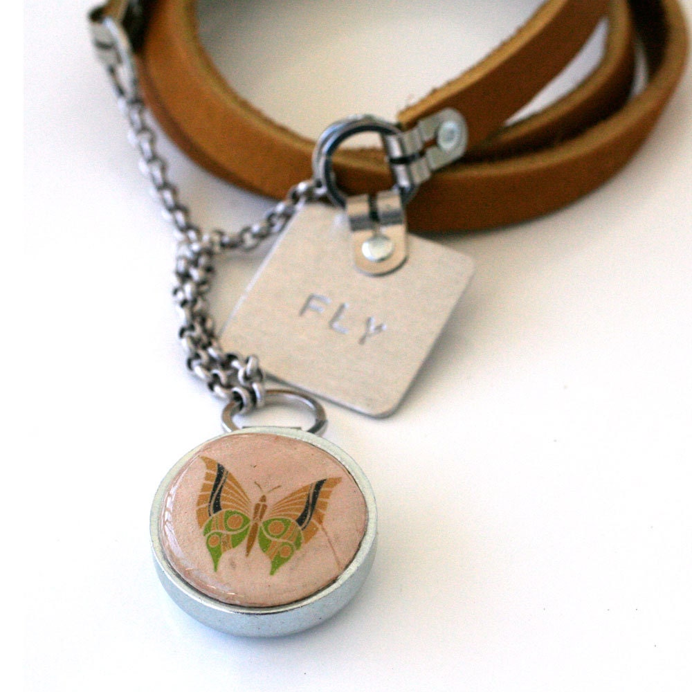 ButterFLY Recycled Necklace, Recycled Cork Necklace, Leather Bib Necklace, Stamped Jewelry by Uncorked