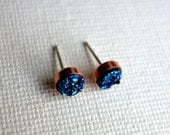 Blue Drusy Studs in Copper Bezels with Sterling Posts