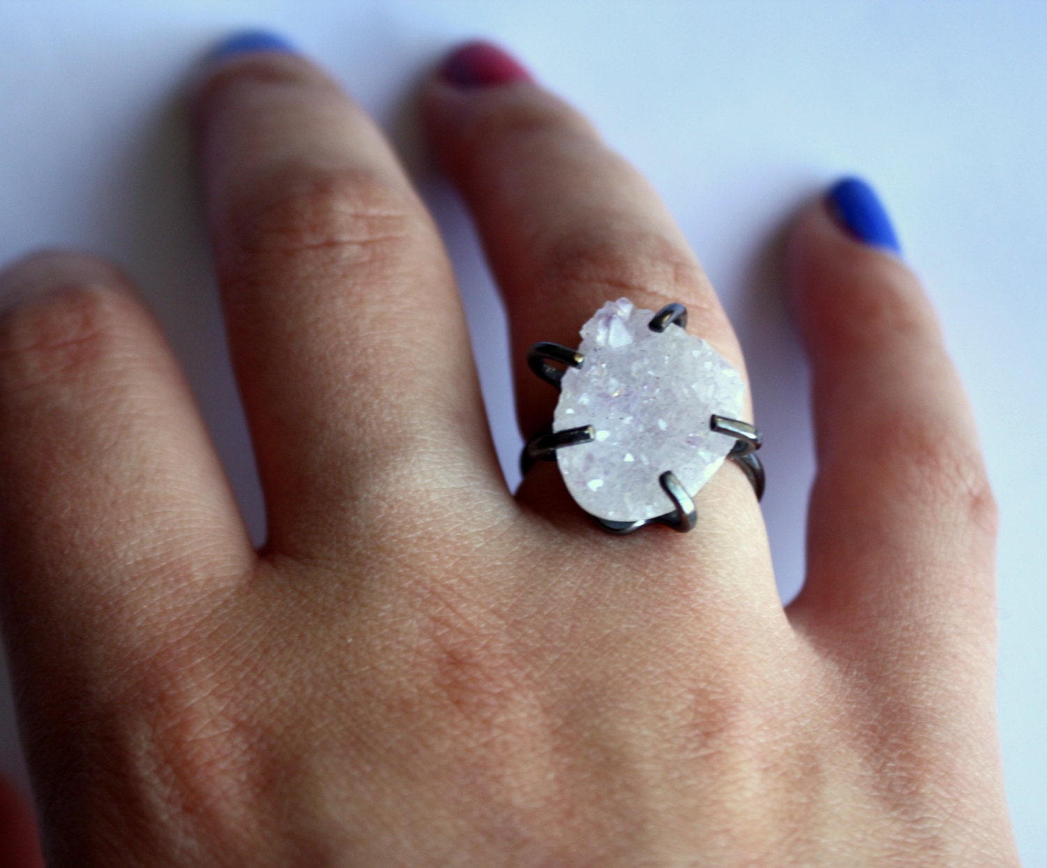 White Drusy and Black Prong Ring