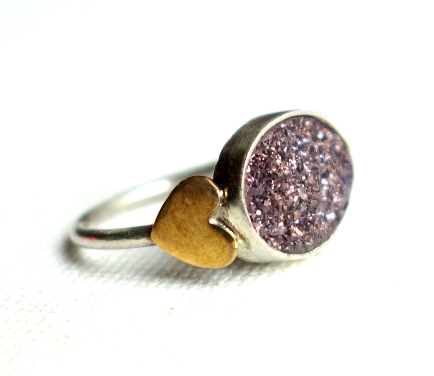 Lavender Drusy Ring with Brass Heart Accents in Sterling Silver