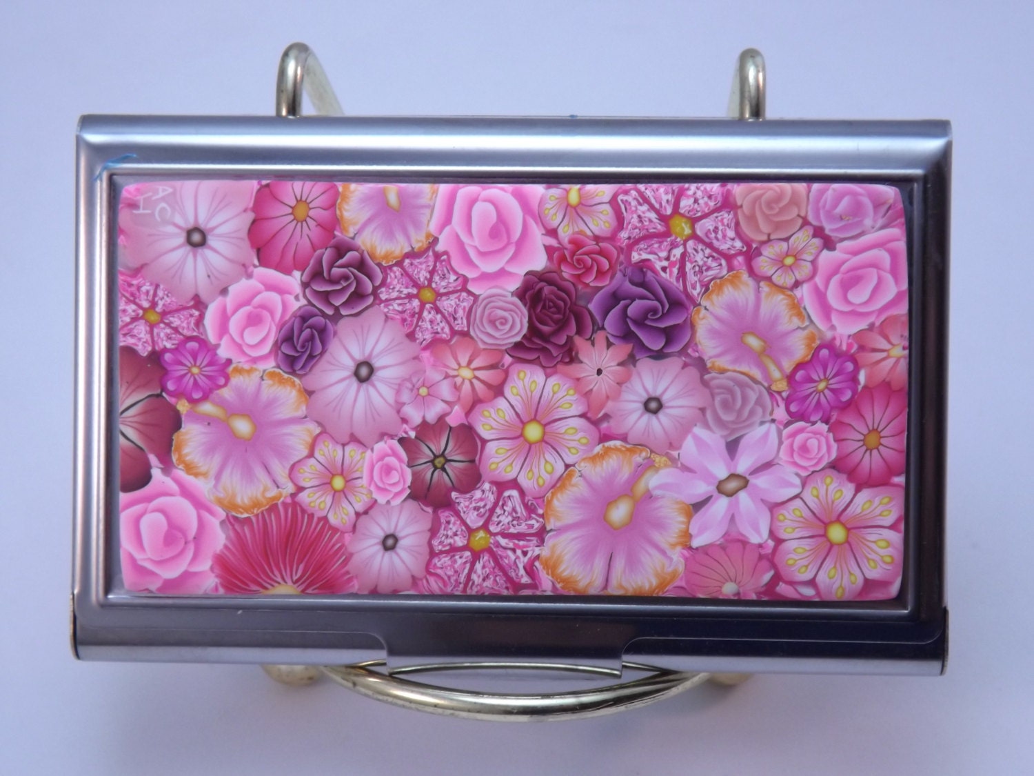 Pink Millefiori Floral Polymer Clay Embellished Business Card Case