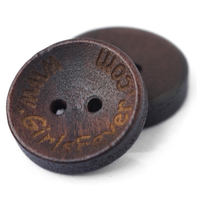 Personalized button plain dark wooden button 15mm with your own message or shop name