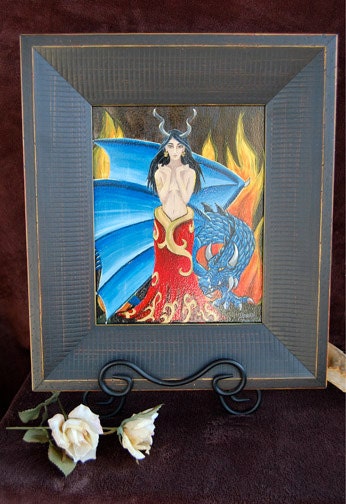 SALE ORIGINAL Framed Acrylic Painting Dragon Queen Fantasy Art Portrait