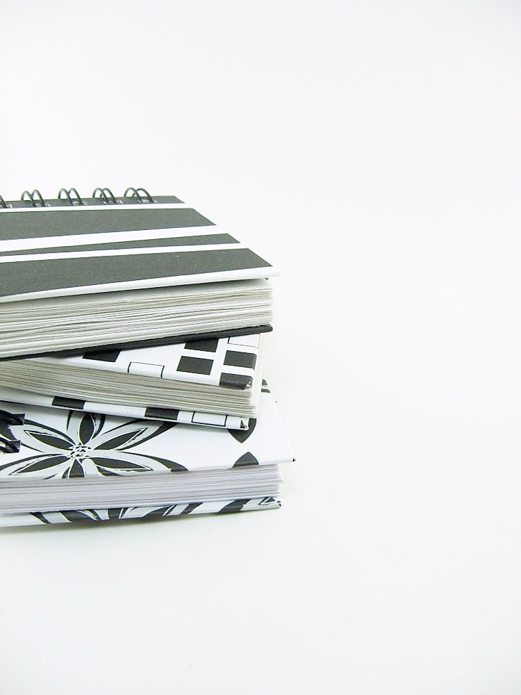 3 Small Notebooks / Blank Journals / Black and White / Floral, stripes, squares, geometric / spiral bound