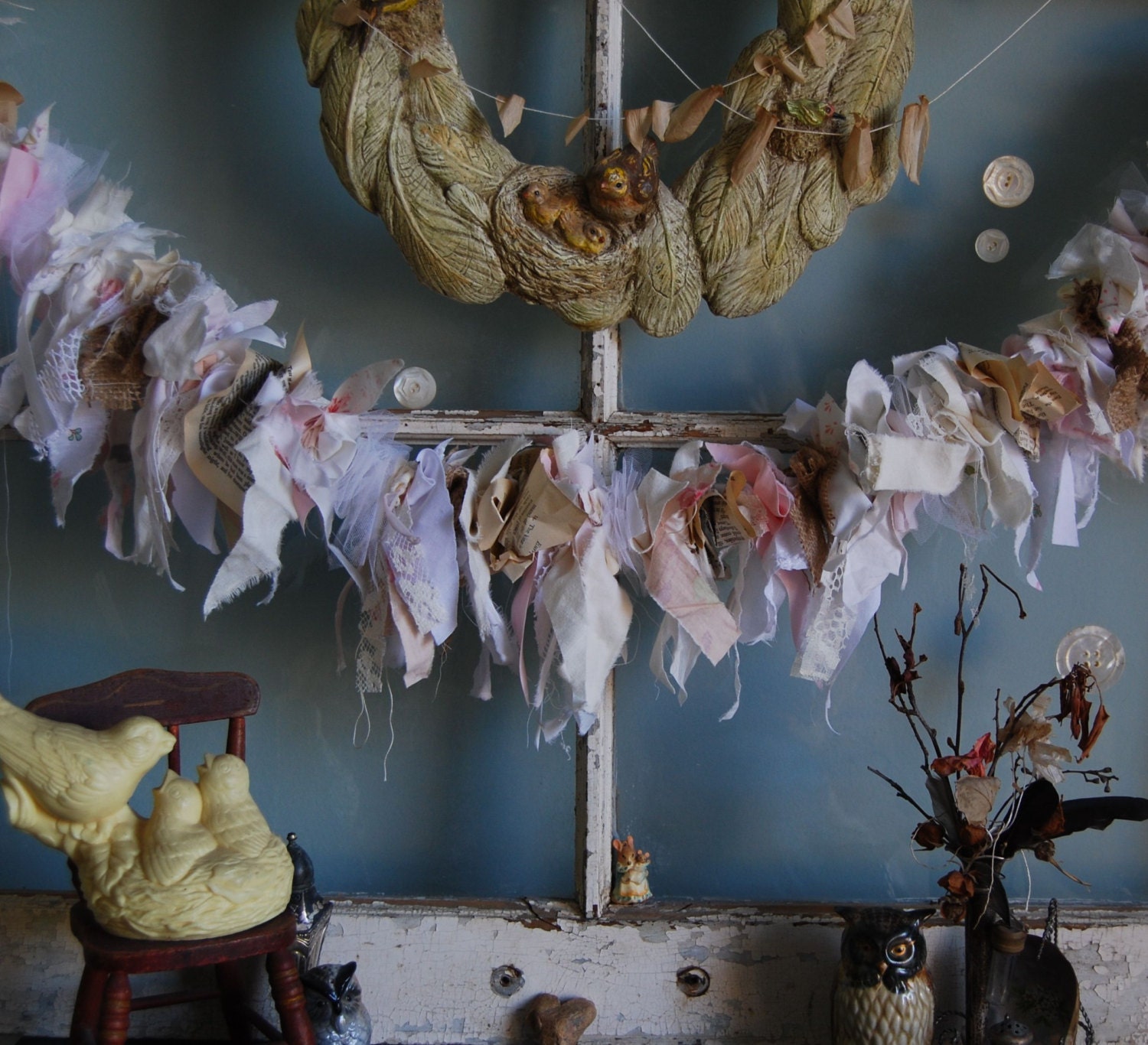 Sunset - Abandoned Vintage Burlap, Lace and Fabric Rag Shabby Chic Garland