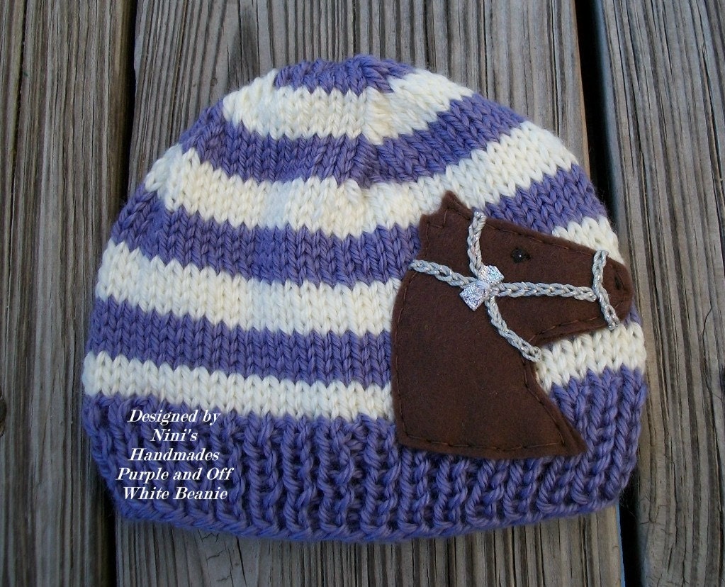 HORSIE Purple and Off White Childrens and Baby BEANIE, newborn photography, childrens clothing, childrens accesories, horse hat, animal hat