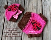 LADYBUG CUPCAKE Hat and  Diaper Cover Set, Fuchsia and Brown with Pink Ribbon with lightgreen dots,  cupcake hat,