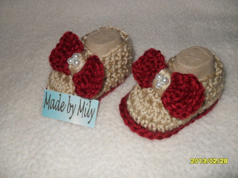 Baby girls BOW SET crocheted bow hat with matching booties, bone and autumn red color