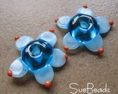 Lampwork Beads - SueBeads - Flower Shaped Beads - Blue and Blue Flower Bead Pair - Handmade Lampwork Beads - SRA M67