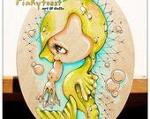 Original Painting-Baby Seal Seahorse-Kawaii-Big Eyed Ocean Fairy Tale-Pinkytoast Art-6x8 inches