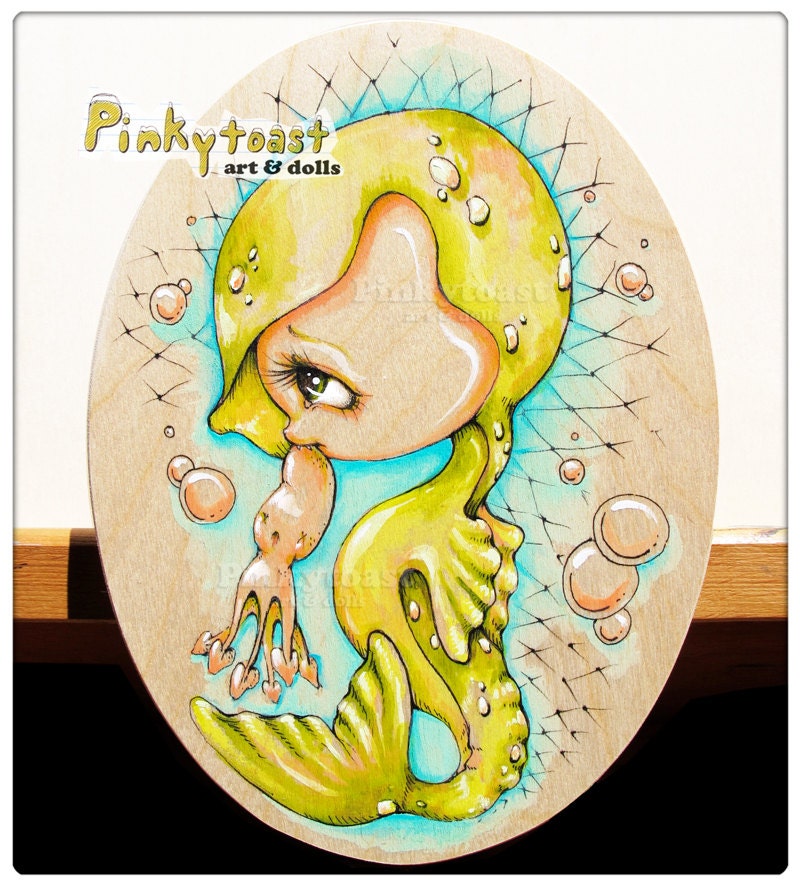 Original Painting-Baby Seal Seahorse-Kawaii-Big Eyed Ocean Fairy Tale-Pinkytoast Art-6x8 inches