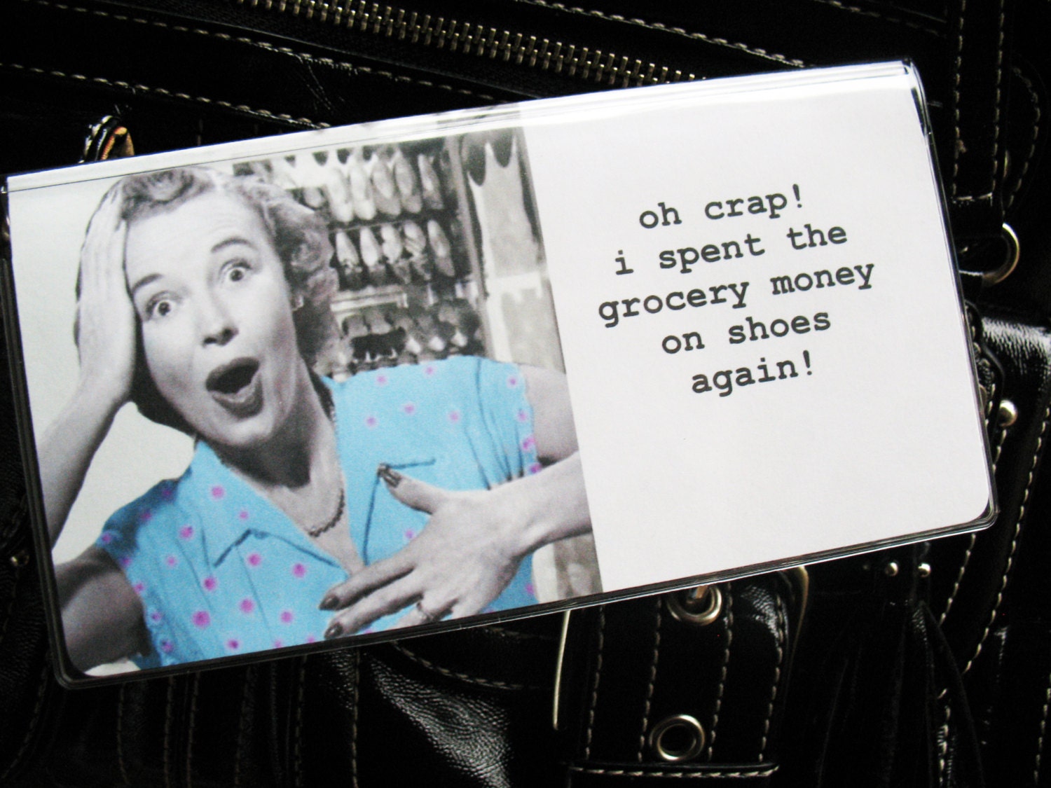 Funny Checkbook Cover with photo inserts. Oh Crap, I spent the grocery money on shoes again