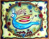 Mexican Bird Art Print, Day of the Dead Art Illustration, Watercolor Mixed Media, Original Art Print, 8 x 10, Green Blue Red