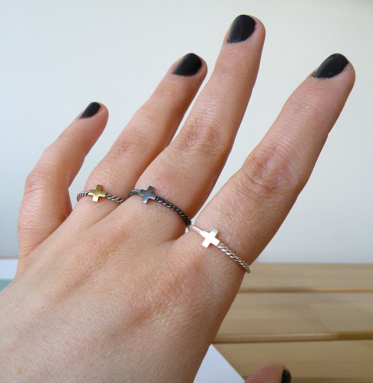 Safety First - little cross sterling silver and brass jewelry ring