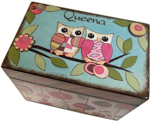 Recipe Box , Large Decoupaged Handcrafted Box, Funky Retro Owl Box, MADE TO ORDER