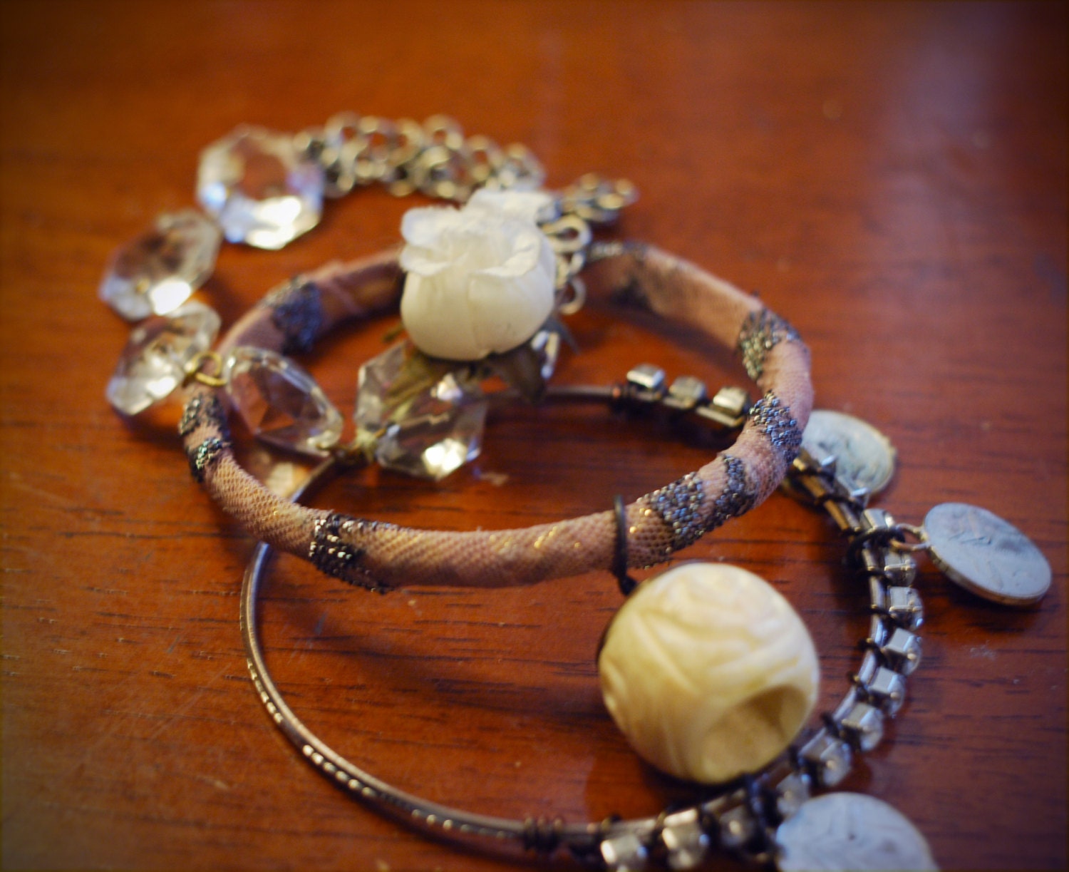 Doves in the Cloud -- gypsy bangle bracelet set-- treasure box salvage