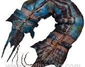 Felted scarf 3D ART made from natural wool and silk Rust Teal Roots Gold Shibori Cocoons