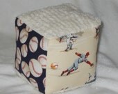 Blue Baseball Fabric and Chenille Fabric Block Rattle Toy