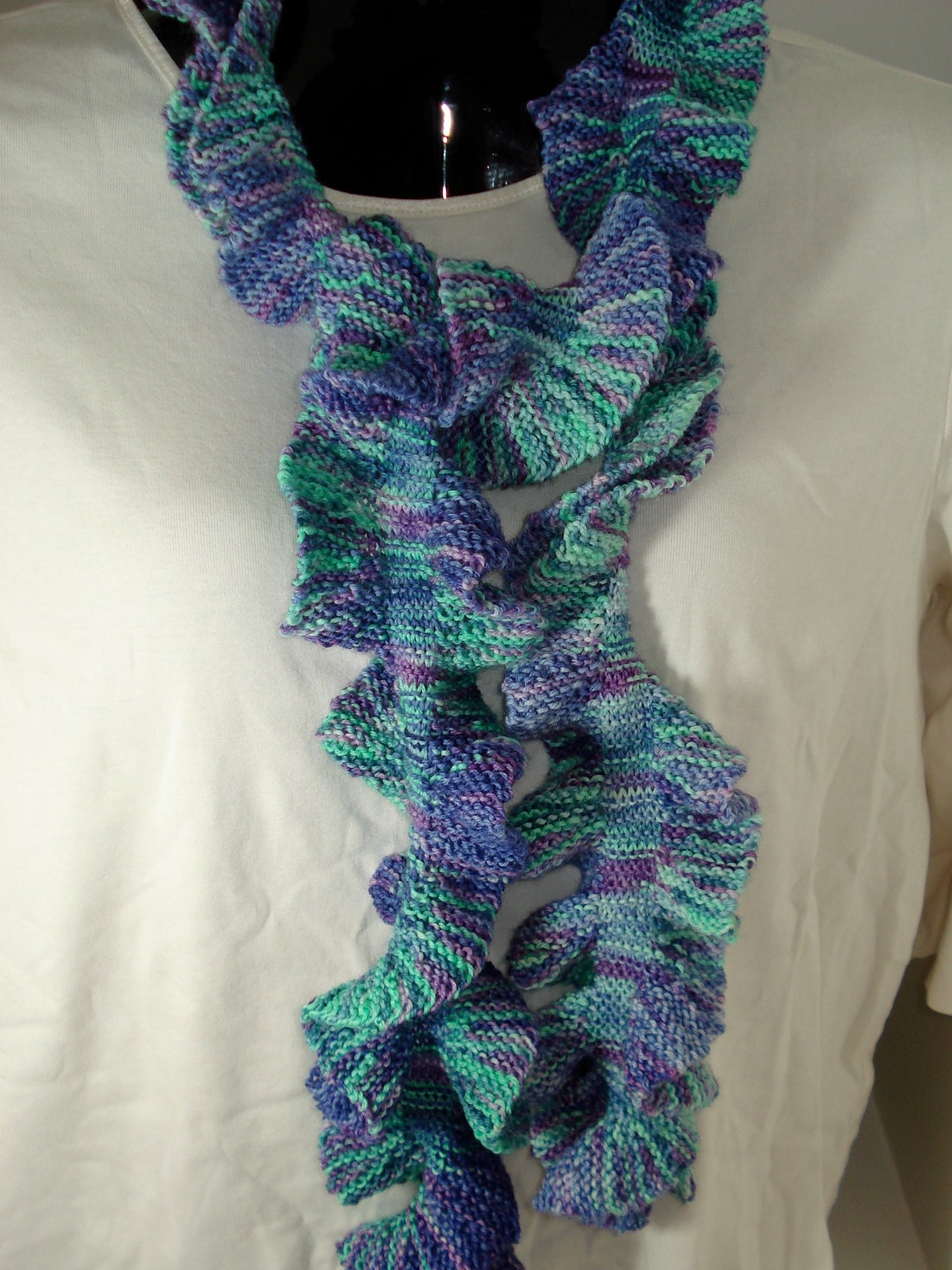 Purple and Green Jewel-Tones Spring-Weight Ruffle Scarf - Hand knitted