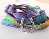 Sterling horseshoe bracelet, horseshoe silk wrapped bracelet, yoga bracelet with lucky charm