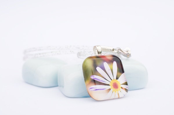 Blue flower glass tile photo necklace Australian Swan River daisy prom jewelry something blue